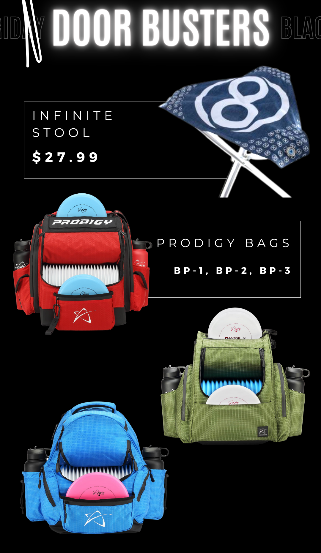 Disc golf stools and tournament backpacks on sale
