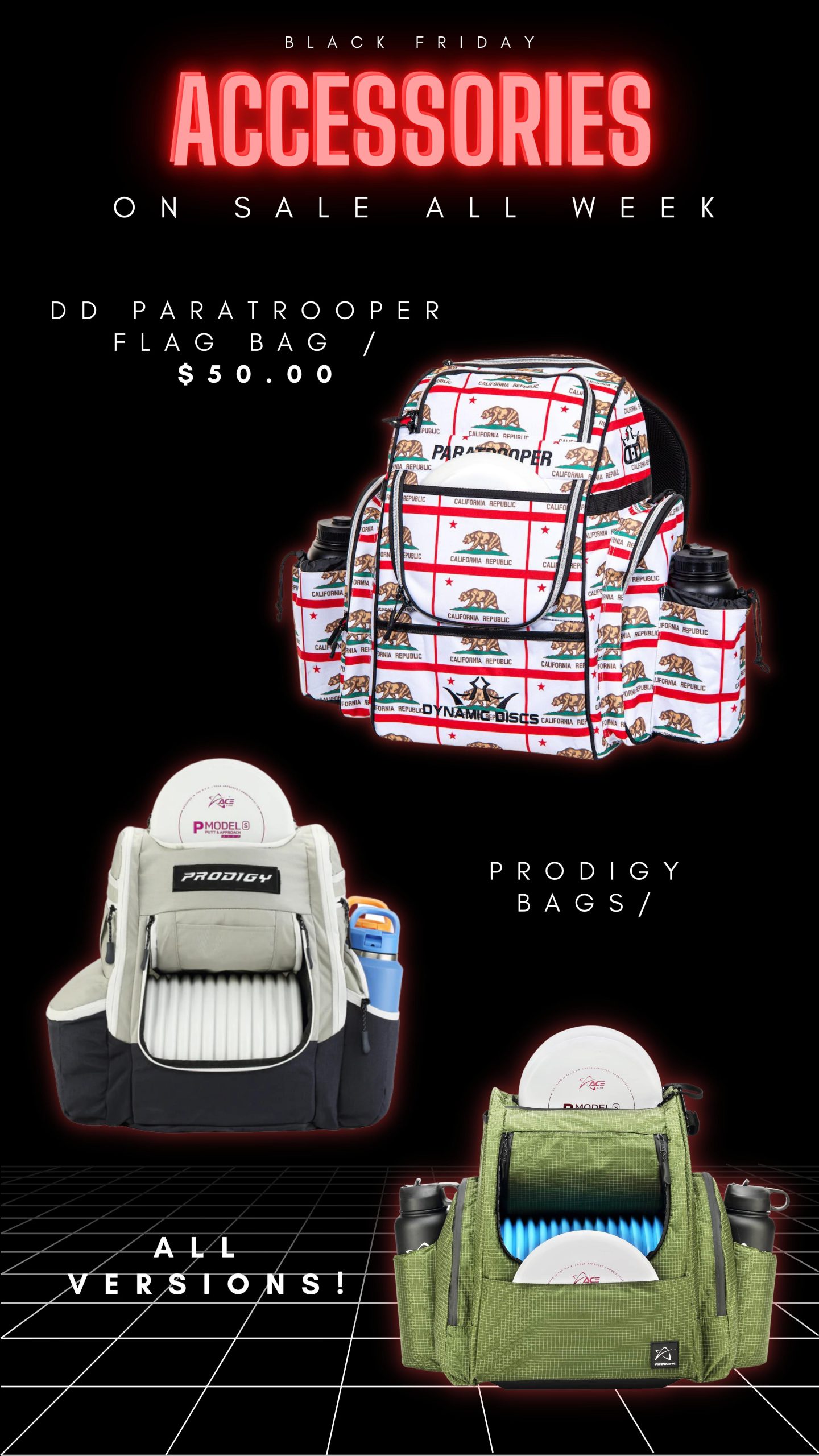 Dynamic Discs and Prodigy disc golf backpack sales ad.