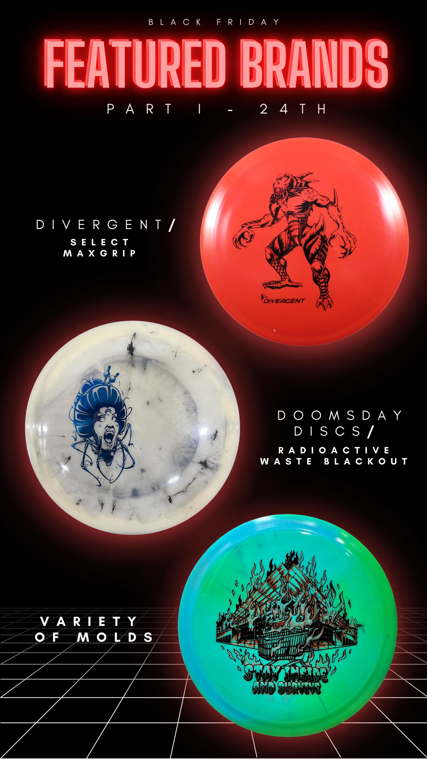 Divergent and Doomsday Discs exclusive Black Friday releases including triple foil dumpster fire stamp.