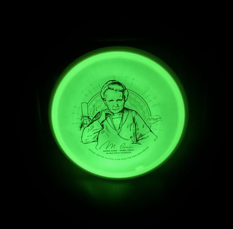 Glow in the dark disc plastic by MVP brightly glowing in the dark.