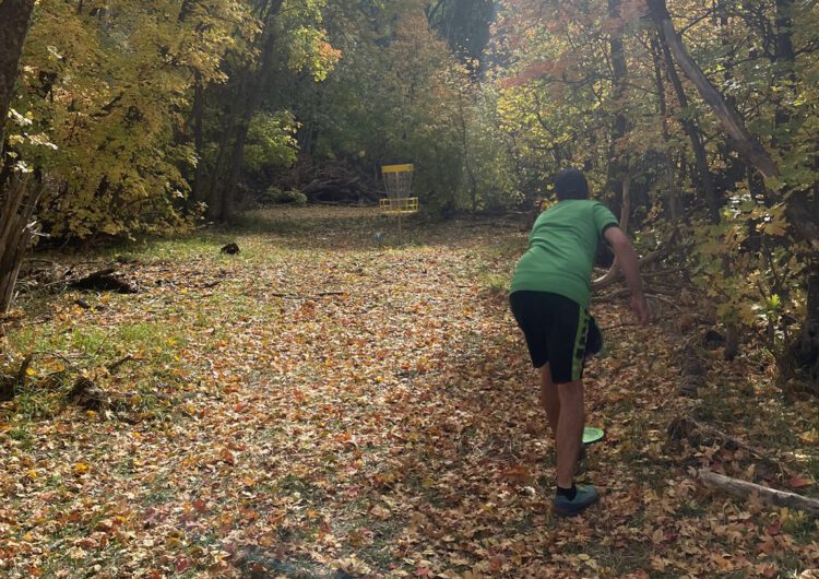 Disc Golfer putting in the woods