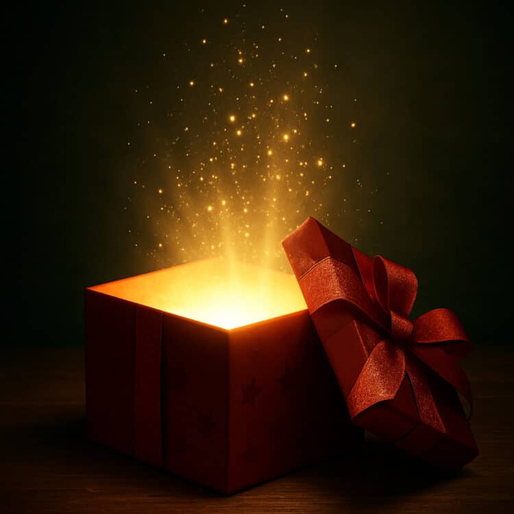 A present with a bright light coming out of it