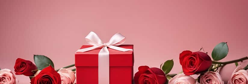 A valentines box with some flowers nearby